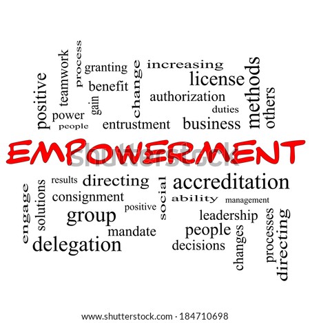 Empowerment Word Cloud Concept in red caps with great terms such as granting, business, duties and more.