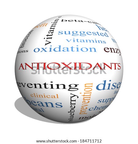 Antioxidants 3D sphere Word Cloud Concept with great terms such as foods, prevent, diseases and more.