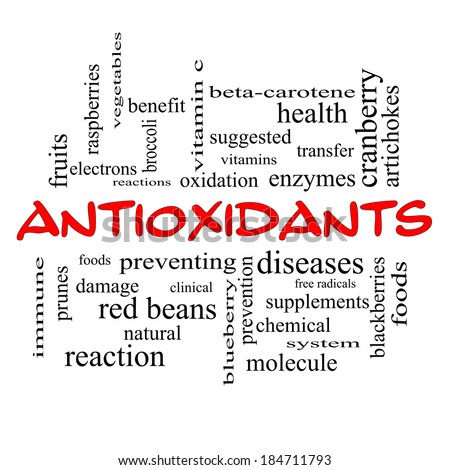 Antioxidants Word Cloud Concept in red caps with great terms such as foods, prevent, diseases and more.