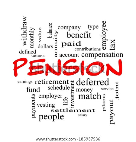 Pension Word Cloud Concept in red caps with great terms such as benefit, deferred, retirement and more.