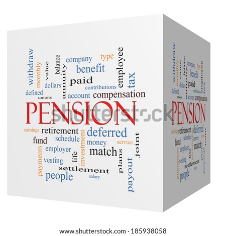 Pension 3D cube Word Cloud Concept with great terms such as benefit, deferred, retirement and more.