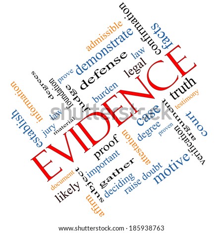 Evidence Word Cloud Concept angled with great terms such as proof, burden, material and more.
