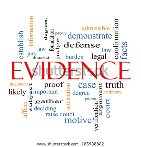 Evidence Word Cloud Concept with great terms such as proof, burden, material and more.
