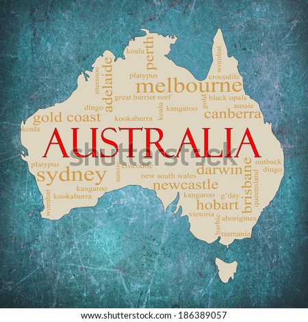 A map of Australia on a blue grunge background with different Australian terms around it such as Melbourne, Canberra, kangaroo, aborigines, Darwin and a lot more.