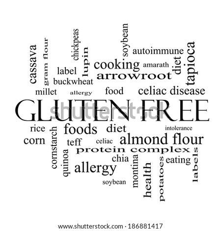 Gluten Free Word Cloud Concept in black and white with great terms such as food, allergy, diet and more.