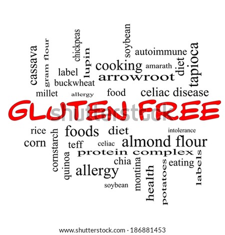 Gluten Free Word Cloud Concept in red caps with great terms such as food, allergy, diet and more.
