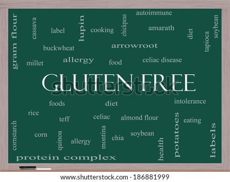 Gluten Free Word Cloud Concept on a Blackboard with great terms such as food, allergy, diet and more.
