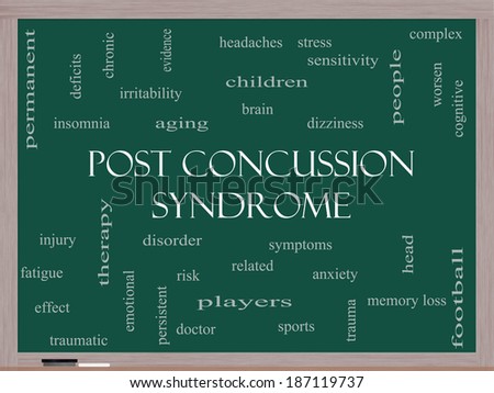 Post Concussion Syndrome Word Cloud Concept on a Blackboard with great terms such as brain, injury, trauma and more.