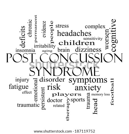 Post Concussion Syndrome Word Cloud Concept in black and white with great terms such as brain, injury, trauma and more.
