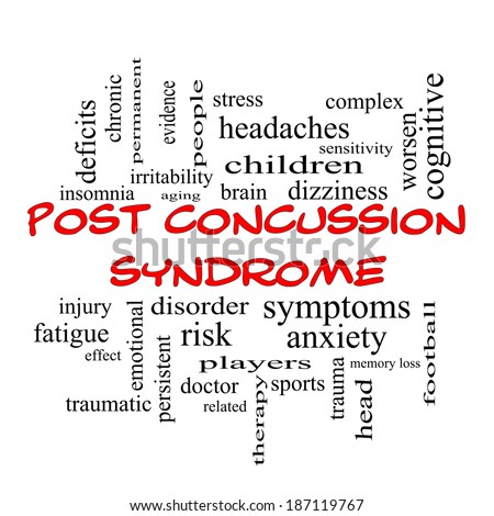 Post Concussion Syndrome Word Cloud Concept in red caps with great terms such as brain, injury, trauma and more.