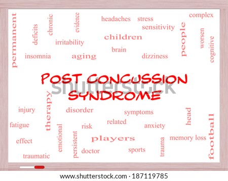 Post Concussion Syndrome Word Cloud Concept on a Whiteboard with great terms such as brain, injury, trauma and more.