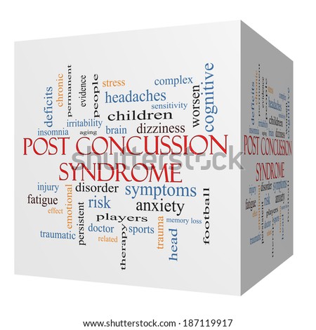 Post Concussion Syndrome 3D cube Word Cloud Concept with great terms such as brain, injury, trauma and more.