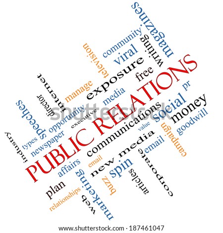 Public Relations Word Cloud angled Concept with great terms such as social, viral, affairs and more.