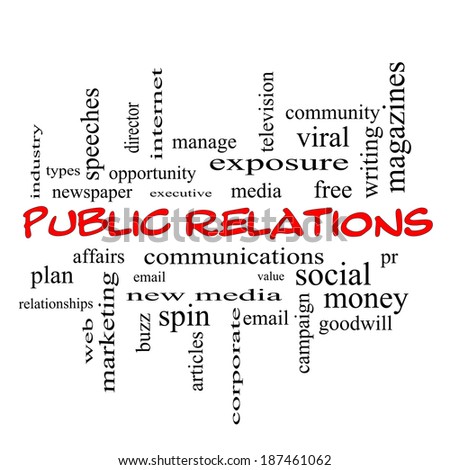 Public Relations Word Cloud Concept in red caps with great terms such as social, viral, affairs and more.