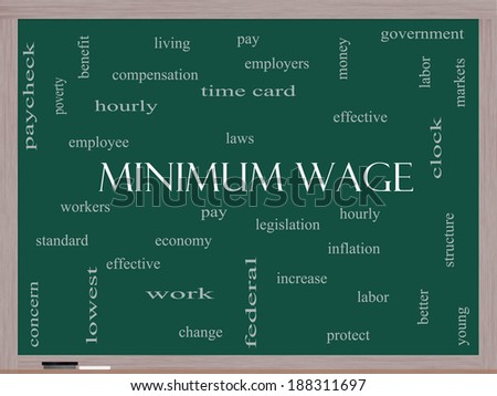 Minimum Wage Word Cloud Concept on a Blackboard with great terms such as pay, laws, hourly, workers and more.