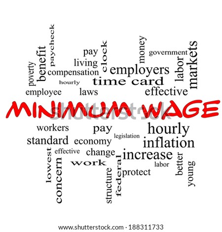 Minimum Wage Word Cloud Concept in red caps with great terms such as pay, laws, hourly, workers and more.