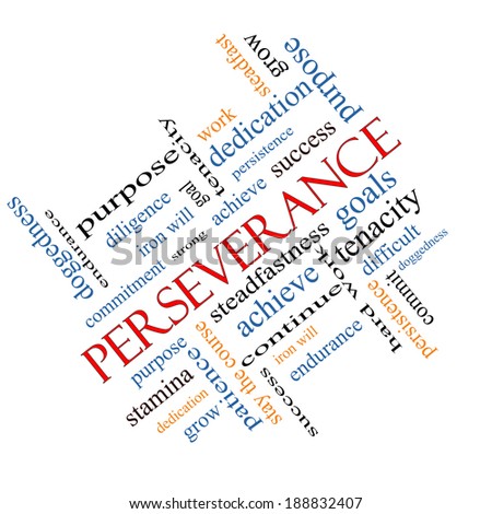 Perseverance Word Cloud Concept angled with great terms such as endurance, doggedness, purpose and more.