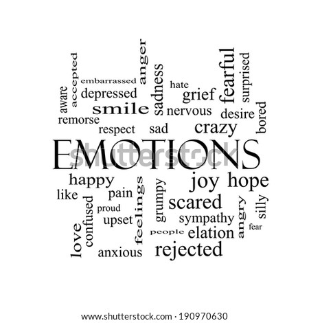 Emotions Word Cloud Concept in black and white with great terms such as sad, happy, joy and more.