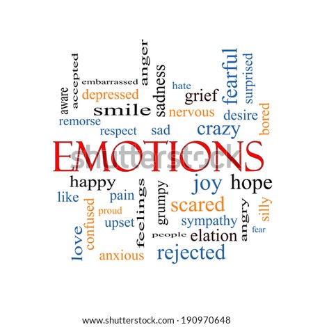 Emotions Word Cloud Concept with great terms such as sad, happy, joy and more.