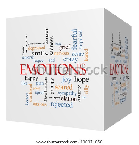 Emotions 3D cube Word Cloud Concept with great terms such as sad, happy, joy and more.