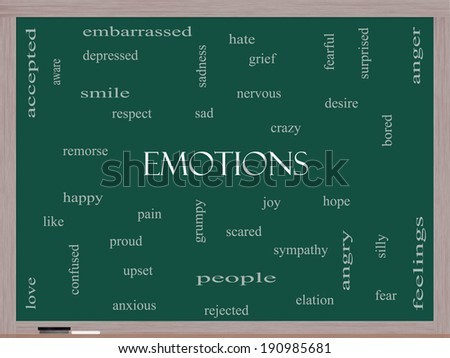 Emotions Word Cloud Concept on a Blackboard with great terms such as sad, happy, joy and more.