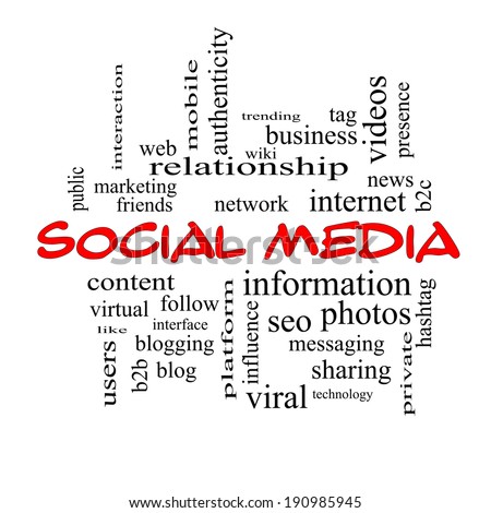 Social Media Word Cloud Concept in red caps with great terms such as network, follow, content and more.