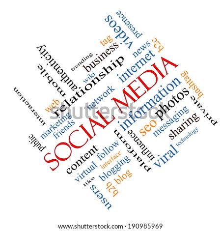 Social Media Word Cloud Concept angled with great terms such as network, follow, content and more.