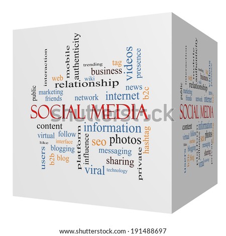 Social Media 3D cube Word Cloud Concept with great terms such as network, follow, content and more.