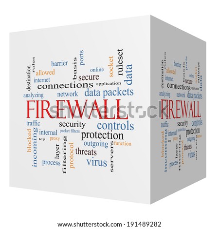Firewall 3D cube Word Cloud Concept with great terms such as security, network, data and more.