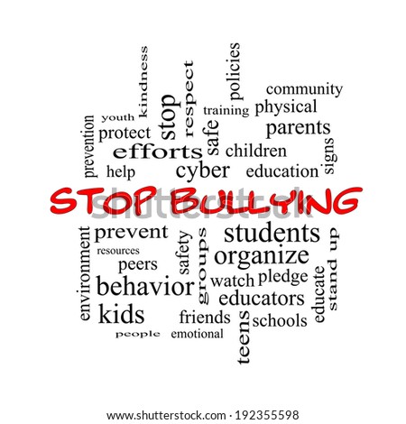 Stop Bullying Word Cloud Concept in red caps with great terms such as students, cyber, safety and more.