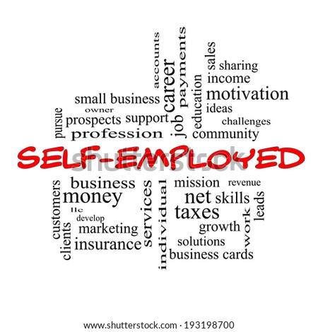 Self-Employed Word Cloud Concept in red caps with great terms such as business, money, owner and more.