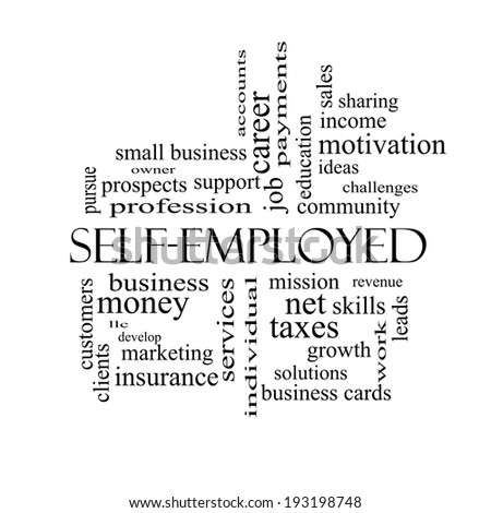 Self-Employed Word Cloud Concept in black and white with great terms such as business, money, owner and more.