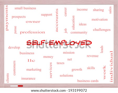Self-Employed Word Cloud Concept on a Whiteboard with great terms such as business, money, owner and more.