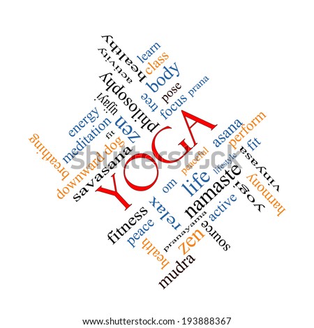 Yoga Word Cloud Concept angled with great terms such as fitness, peace, pose and more.