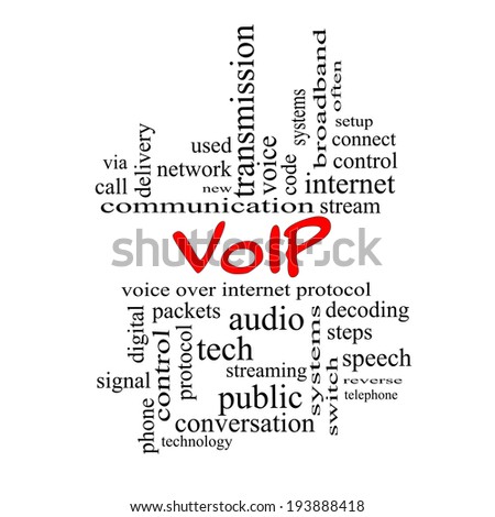 VOIP Word Cloud Concept in red caps with great terms such as voice, internet, protocol and more.