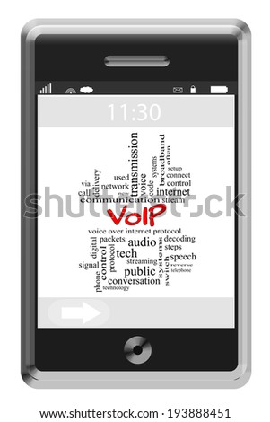 VOIP Word Cloud Concept on a Touchscreen Phone with great terms such as voice, internet, streaming and more.