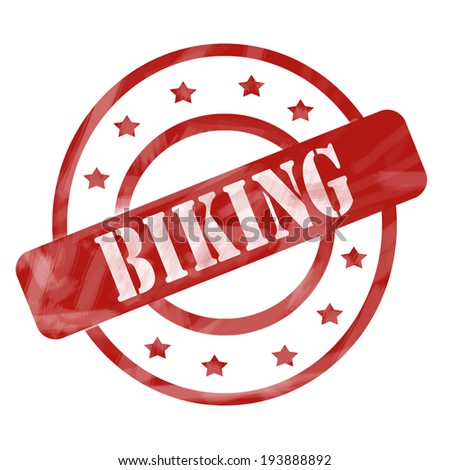 A red ink weathered roughed up circles and stars stamp design with the word BIKING on it making a great concept.