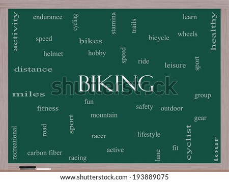 Biking Word Cloud Concept on a Blackboard with great terms such as sport, fitness, ride and more.