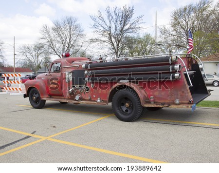 MENASHA, WI - MAY 16:  Side of 1951 Chevy Fire Truck at 7th Annual Car Show May 16, 2014 in Menasha, Wisconsin.