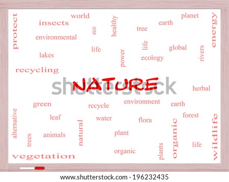 Nature Word Cloud Concept on a Whiteboard with great terms such as recycle, green, natural and more.