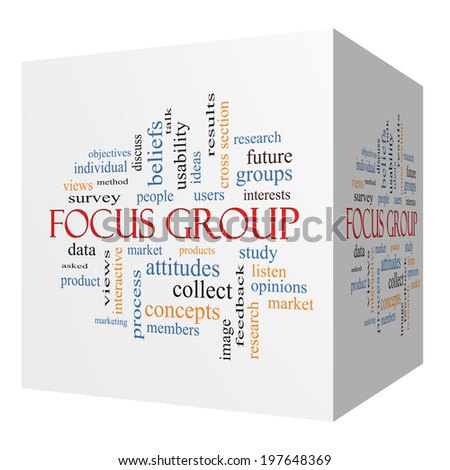 Focus Group 3D cube Word Cloud Concept with great terms such as research, users, listen and more.