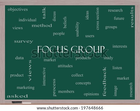 Focus Group Word Cloud Concept on a Blackboard with great terms such as research, users, listen and more.