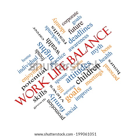 Work Life Balance Word Cloud Concept angled with great terms such as family, boss, career and more.