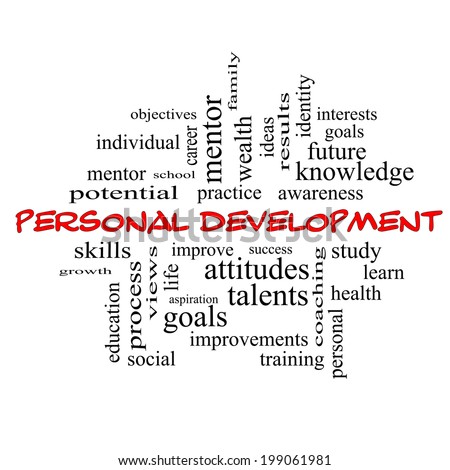 Personal Development Word Cloud Concept in red caps with great terms such as success, study, improve and more.