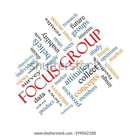 Focus Group Word Cloud Concept angled with great terms such as research, users, listen and more.