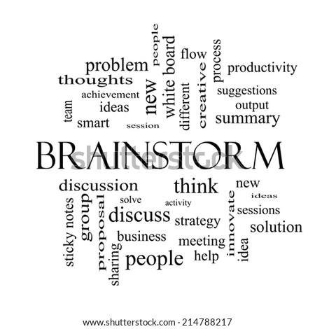 Brainstorm Word Cloud Concept in black and white with great terms such as ideas, flow, new and more.