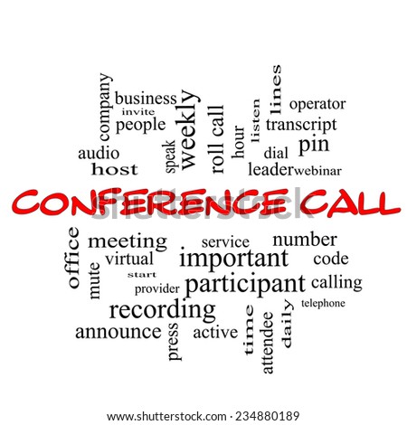 Conference Call Word Cloud Concept in red caps with great terms such as business, people, leader, audio and more.