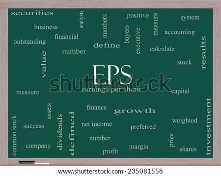 EPS Word Cloud Concept on a Blackboard with great terms such as earnings, per, share, stock and more.