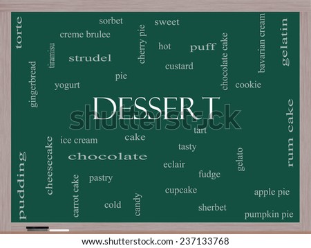 Dessert Word Cloud Concept on a Blackboard with great terms such as sweet, cake, ice cream, pie and more.