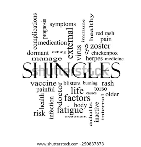 Shingles Word Cloud Concept in black and white with great terms such as virus, itching, vaccine, rash and more.